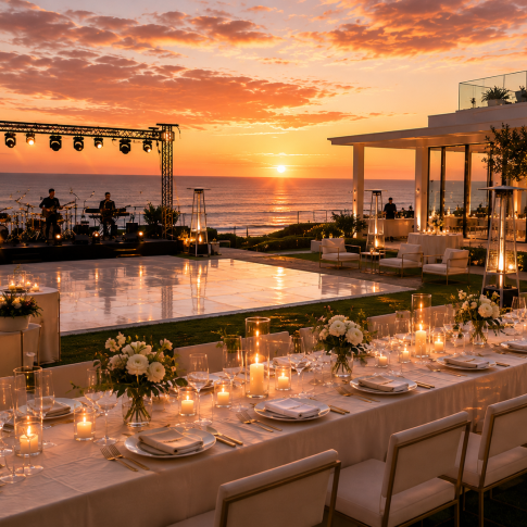 Malibu oceanfront wedding reception at sunset with live music stage, long dining tables, and full event production setup overlooking the Pacific Ocean.