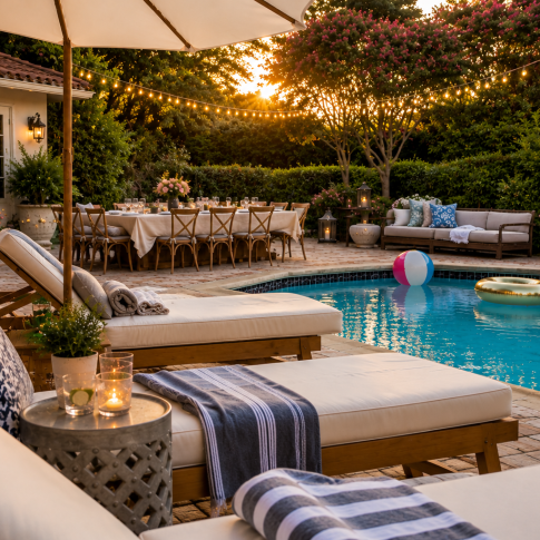 Poolside lounge chairs and a sparkling swimming pool at a private home prepared for a relaxed outdoor party.