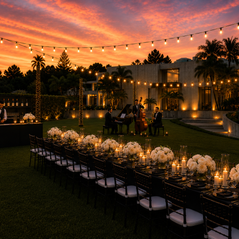 Luxury corporate event venue in Los Angeles featuring a modern private estate, elegant outdoor dinner with real white rose centerpieces, live jazz trio, bartender, candlelight, and sunset ambiance.