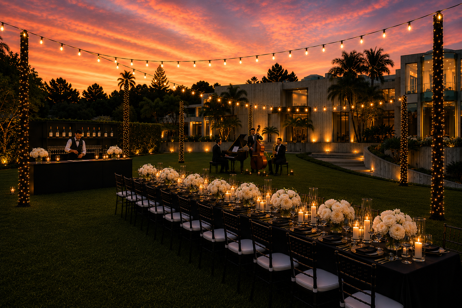 Luxury corporate event venue in Los Angeles featuring a modern private estate, elegant outdoor dinner with real white rose centerpieces, live jazz trio, bartender, candlelight, and sunset ambiance.