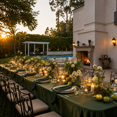 Elegant outdoor dinner beside a private estate with candlelit tables, lush floral centerpieces, an outdoor fireplace, and luxury event design.