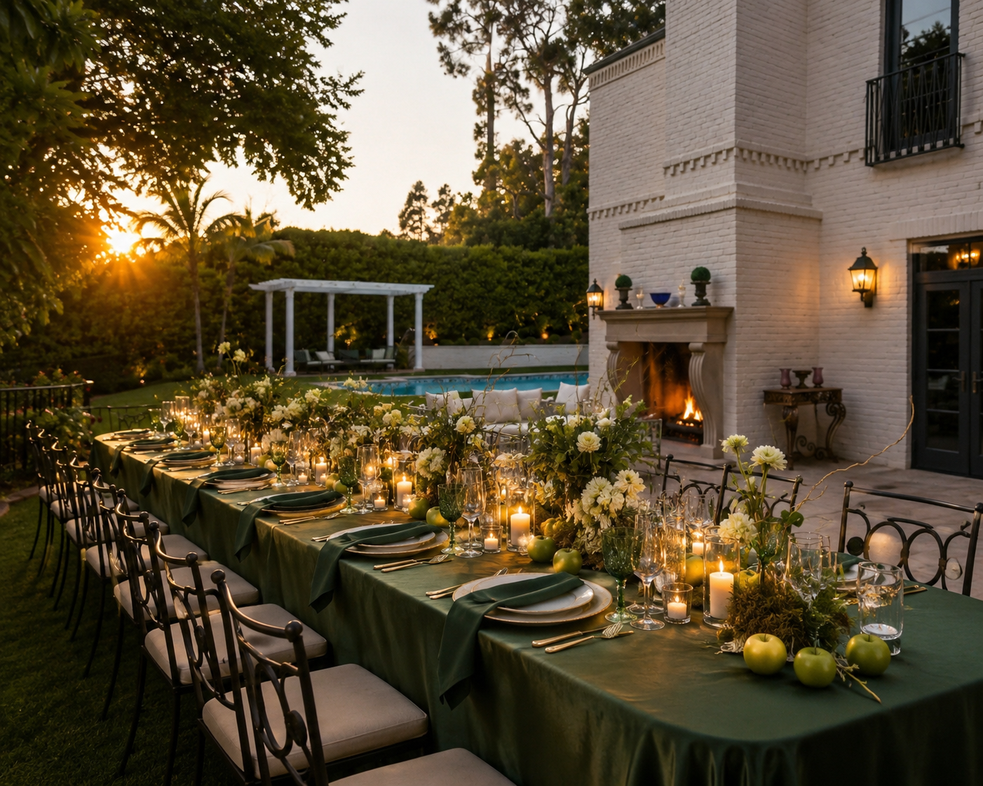 Elegant outdoor dinner beside a private estate with candlelit tables, lush floral centerpieces, an outdoor fireplace, and luxury event design.