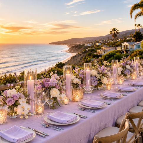Elegant outdoor dining table at a luxury coastal private estate overlooking the Pacific Ocean, featuring lavender and white floral arrangements, candlelight, and panoramic sunset views.