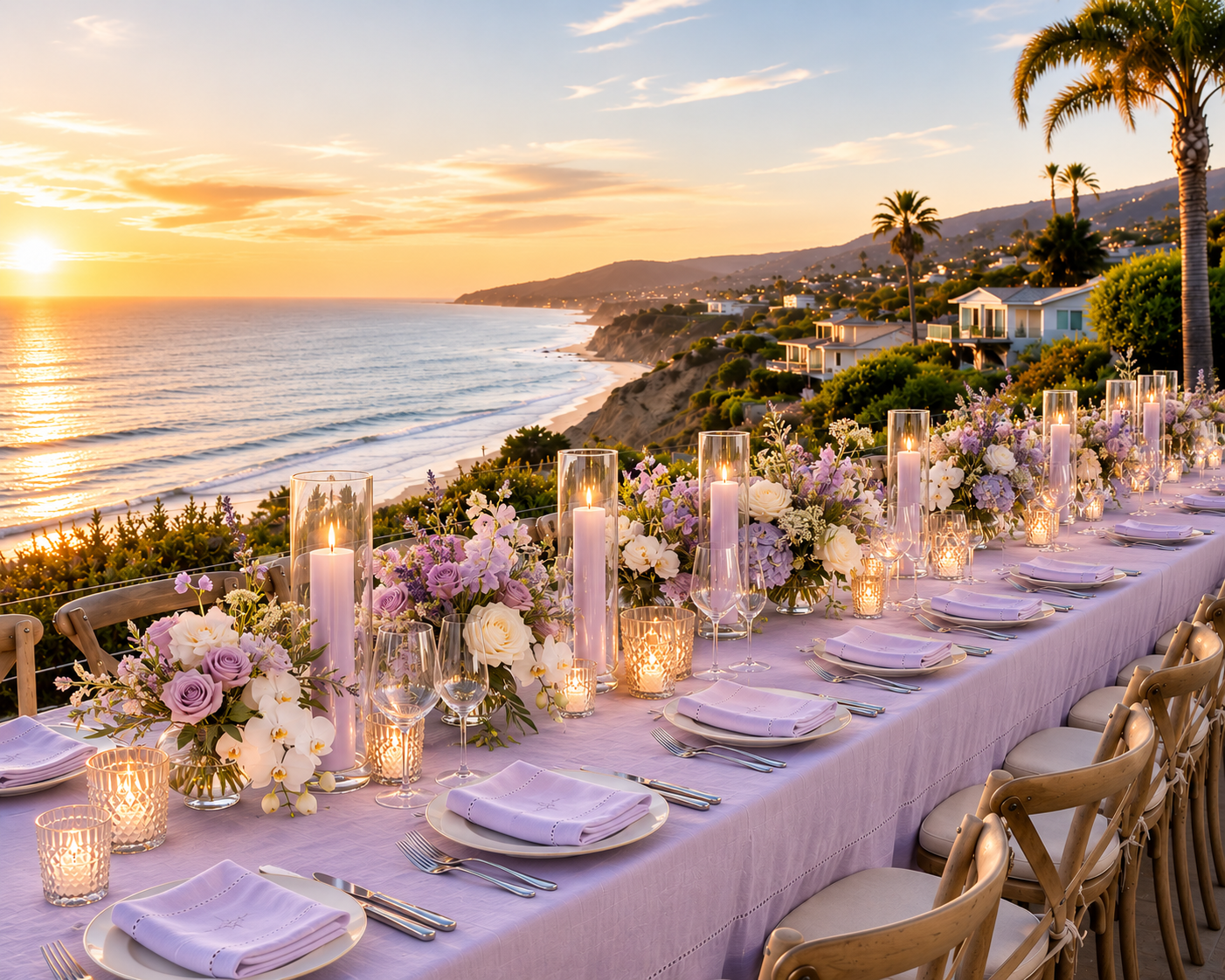 Elegant outdoor dining table at a luxury coastal private estate overlooking the Pacific Ocean, featuring lavender and white floral arrangements, candlelight, and panoramic sunset views.