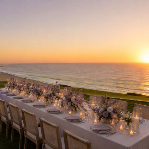 Oceanfront private estate featuring an elegant candlelit dinner with lavender floral arrangements overlooking the Pacific Ocean at sunset.