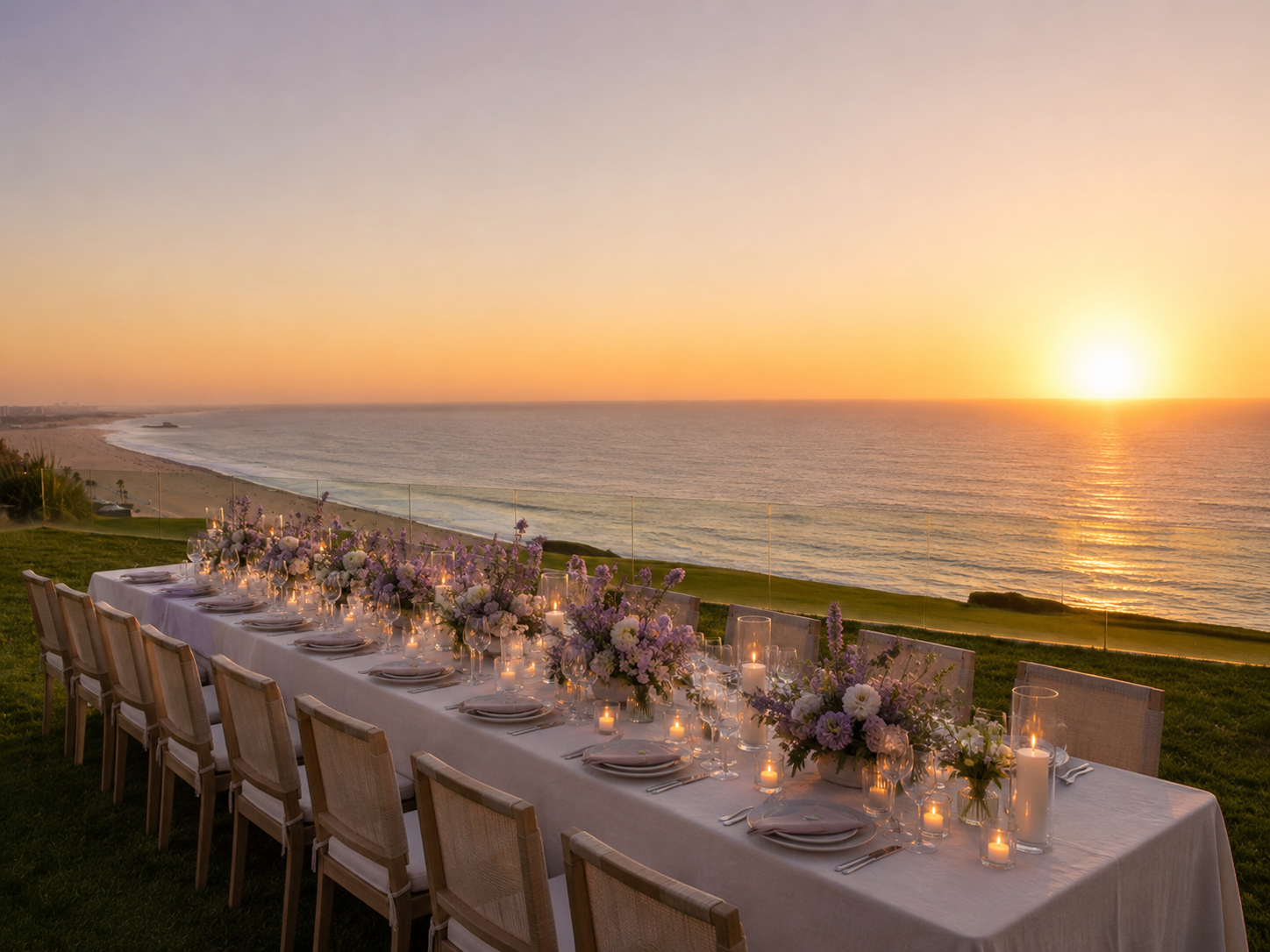 Oceanfront private estate featuring an elegant candlelit dinner with lavender floral arrangements overlooking the Pacific Ocean at sunset.