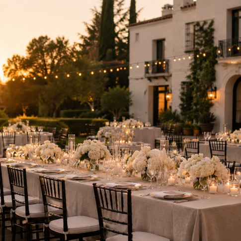 Elegant outdoor reception at a luxury private estate featuring candlelit tables, white floral arrangements, and sunset views.