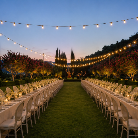 Elegant evening reception at a luxury Los Angeles private estate featuring a live band, candlelit dining tables, lush cream floral arrangements