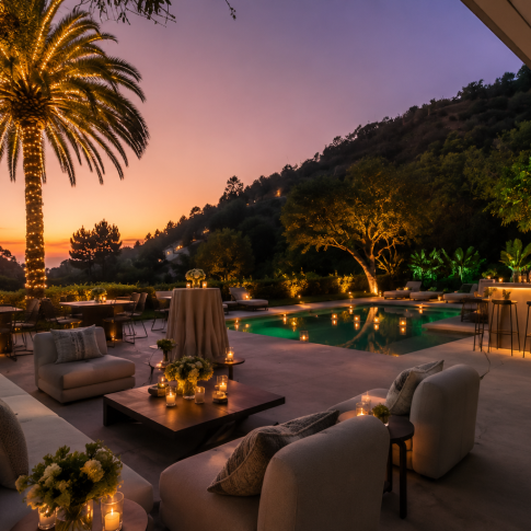 Sophisticated poolside cocktail reception with lounge seating, illuminated bar, palm trees, and sunset views at a private estate.