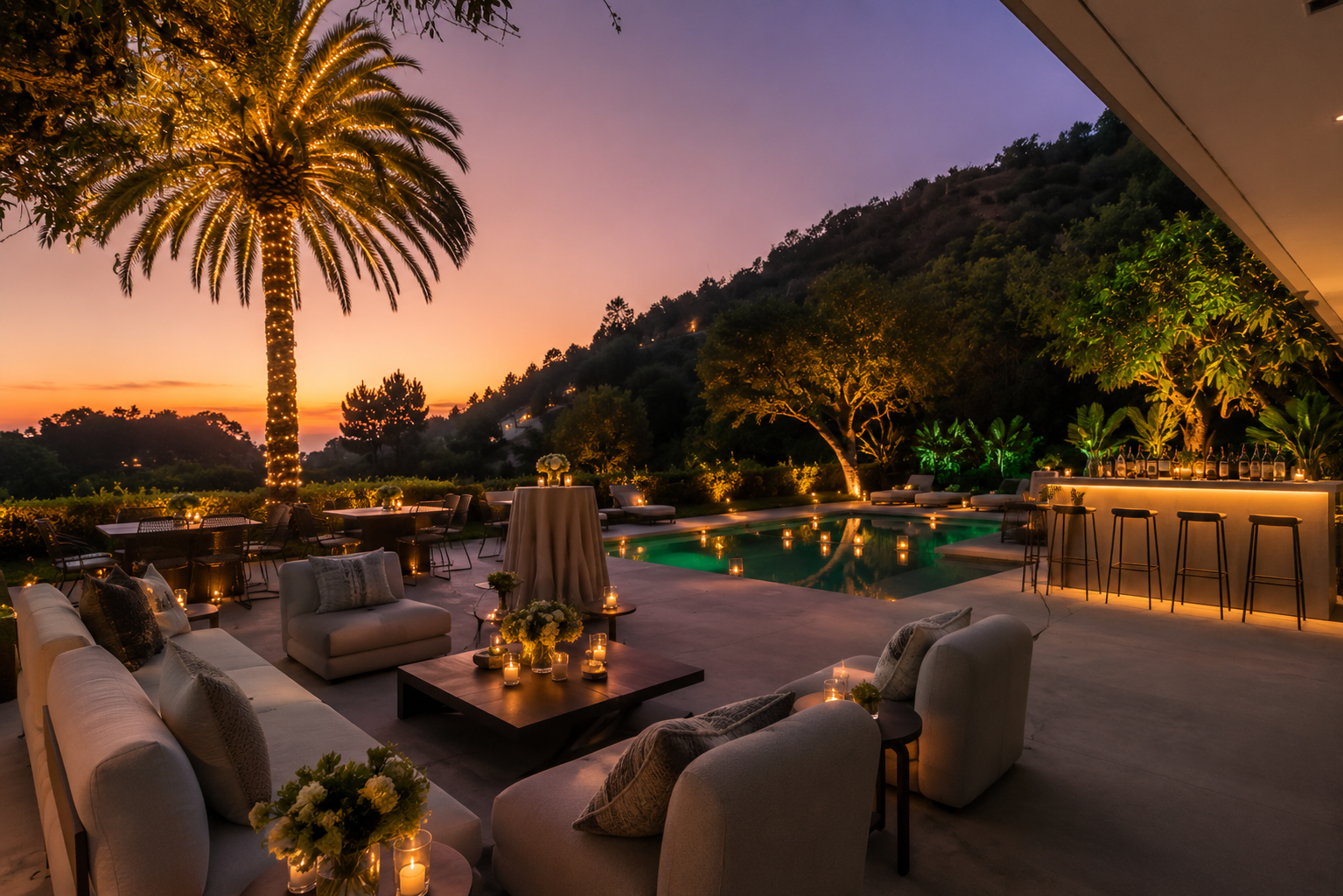 Sophisticated poolside cocktail reception with lounge seating, illuminated bar, palm trees, and sunset views at a private estate.