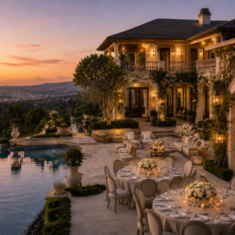 Musicians, elegant table decor by the pool