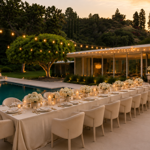 Elegant outdoor dinner beside the pool at a modern Beverly Hills private estate featuring candlelit tables, white floral arrangements, string lights, and luxury event design.