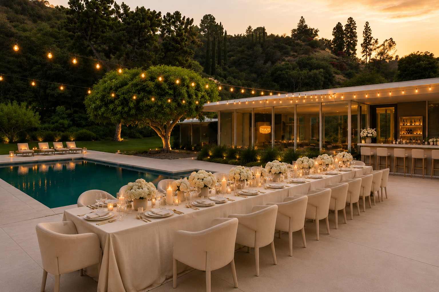 Elegant outdoor dinner beside the pool at a modern Beverly Hills private estate featuring candlelit tables, white floral arrangements, string lights, and luxury event design.