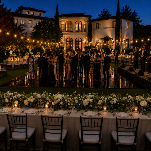 Elegant evening reception at a luxury Los Angeles private estate featuring a live band, illuminated dance floor, candlelit dining tables, lush floral arrangements, and Mediterranean-style architecture.