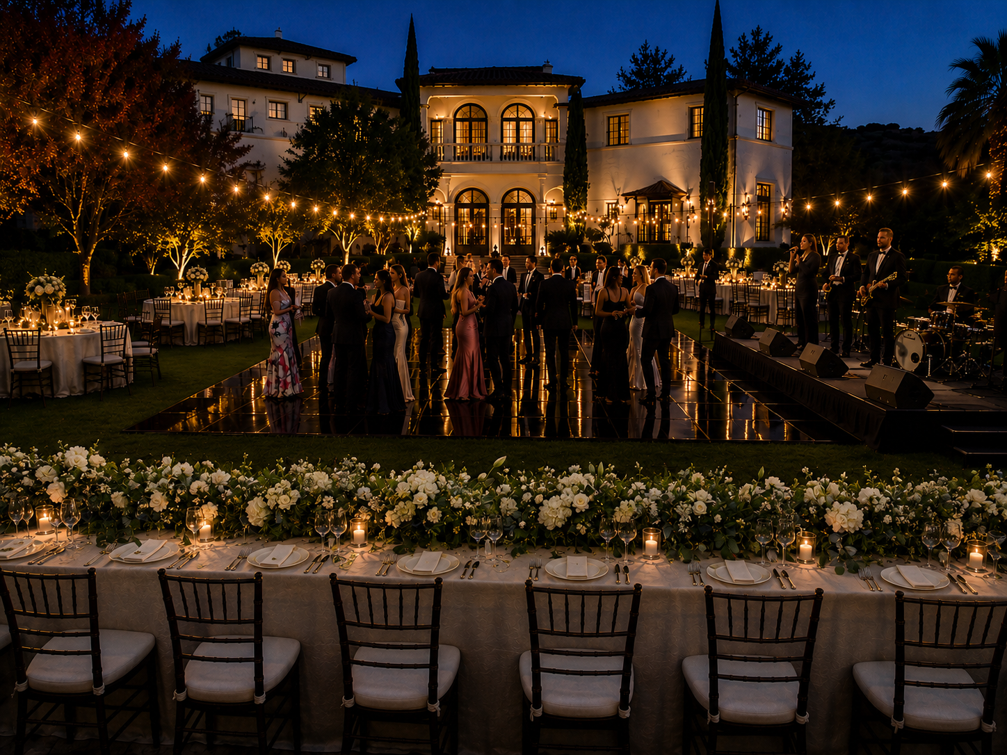 Elegant evening reception at a luxury Los Angeles private estate featuring a live band, illuminated dance floor, candlelit dining tables, lush floral arrangements, and Mediterranean-style architecture.