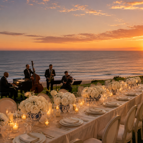Elegant oceanfront dinner at a luxury private estate featuring a candlelit reception, live jazz quartet, white floral centerpieces, and panoramic Pacific Ocean sunset views.