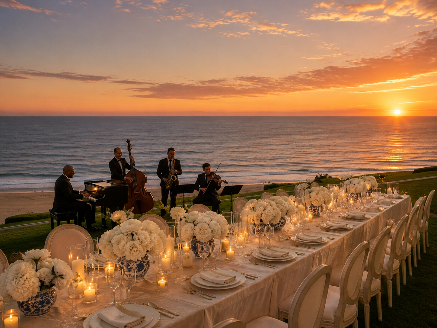 Elegant oceanfront dinner at a luxury private estate featuring a candlelit reception, live jazz quartet, white floral centerpieces, and panoramic Pacific Ocean sunset views.