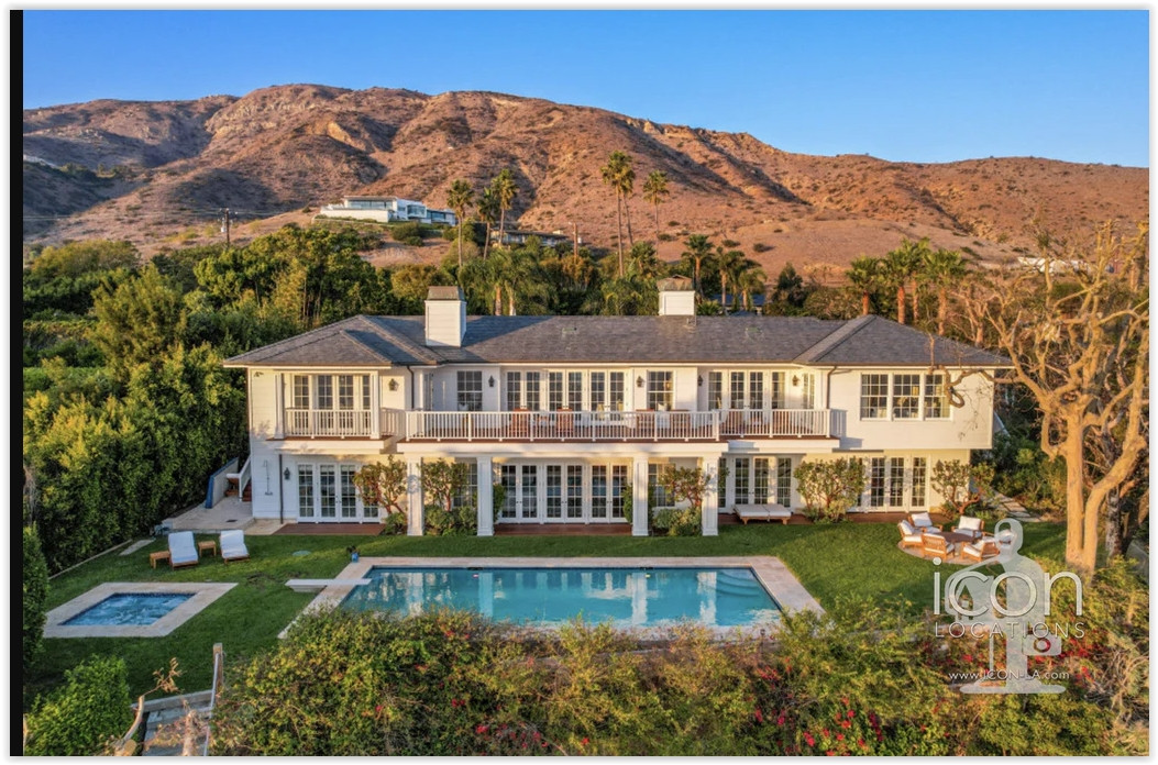 Patio overlooking the Pacific Ocean at an elegant Malibu private estate.