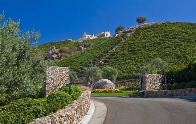 Private gated entrance leading through vineyards to a luxury Malibu estate.