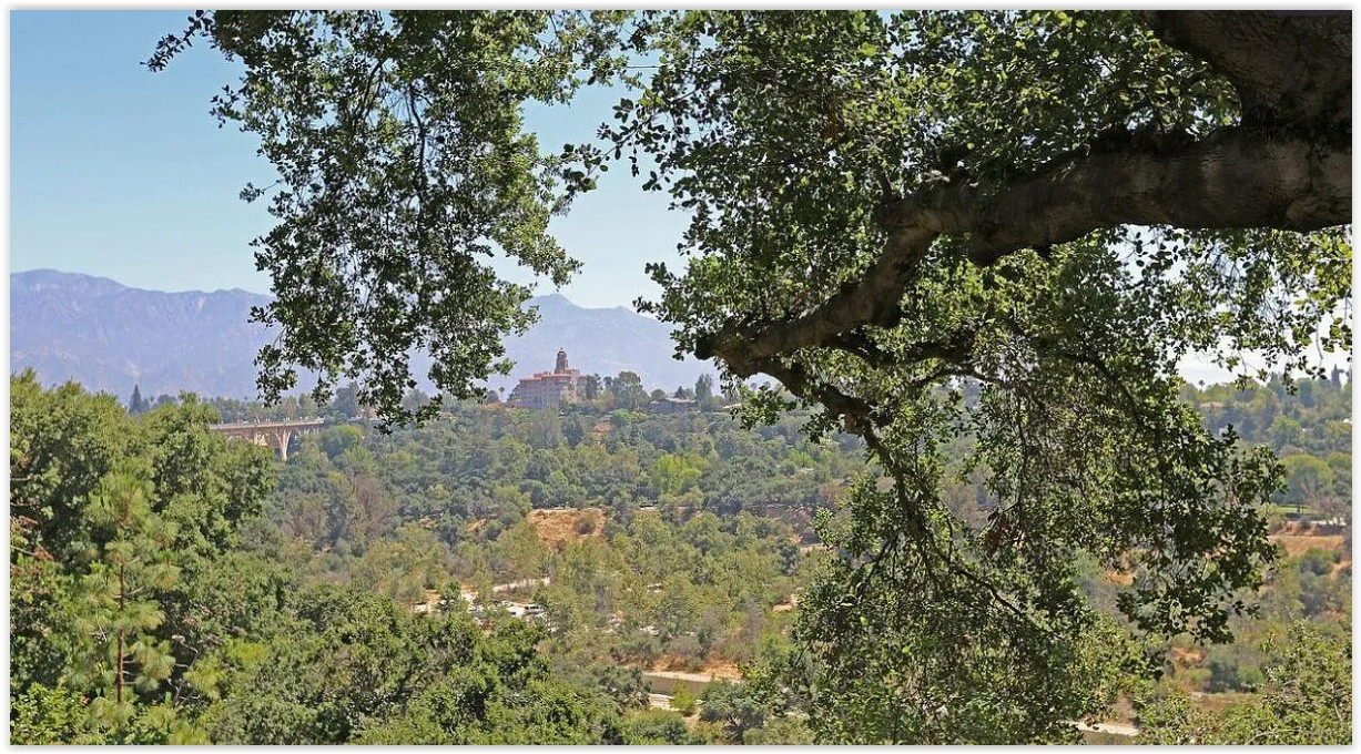 Scenic hillside and mountain views from a private Pasadena estate.