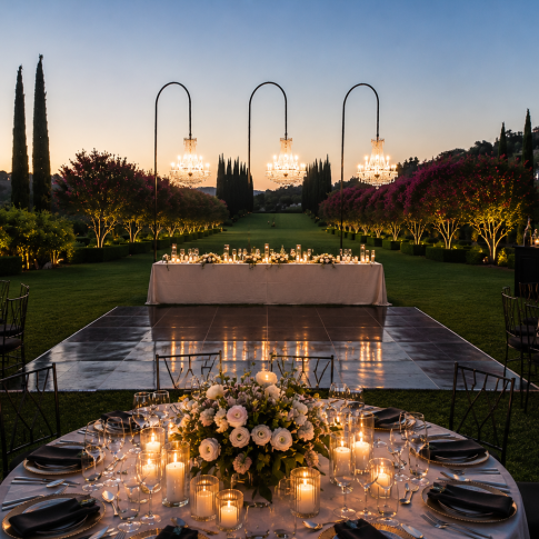 Timeless wedding design featuring elegant tables, simple florals, modern chandeliers, warm LED candlelight, and a black dance floor set against a beautiful sunset landscape.