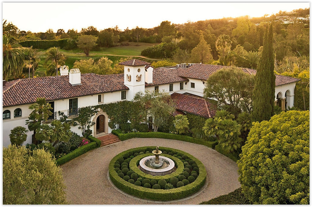 Bel Air Mediterranean private estate rental with circular driveway, fountain and landscaped grounds
