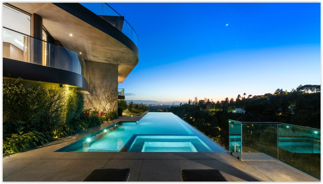 Beverly Hills modern private estate rental with infinity pool and panoramic Los Angeles views