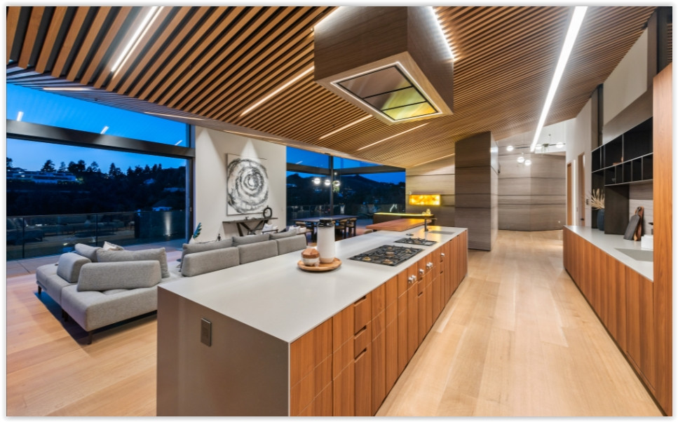 Contemporary kitchen and living area inside D804-BH Beverly Hills private estate