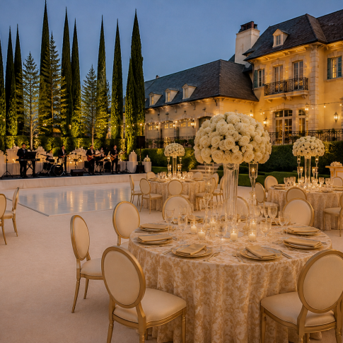 Private estate wedding reception at a luxury Southern California estate featuring elegant outdoor dining, ivory florals, and live entertainment